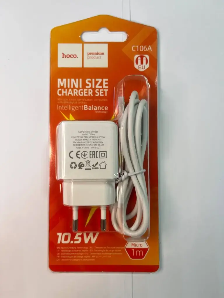 Сетевое зарядное устройство USB Hoco C106A (10.5W, кабель MicroUSB) Белый 